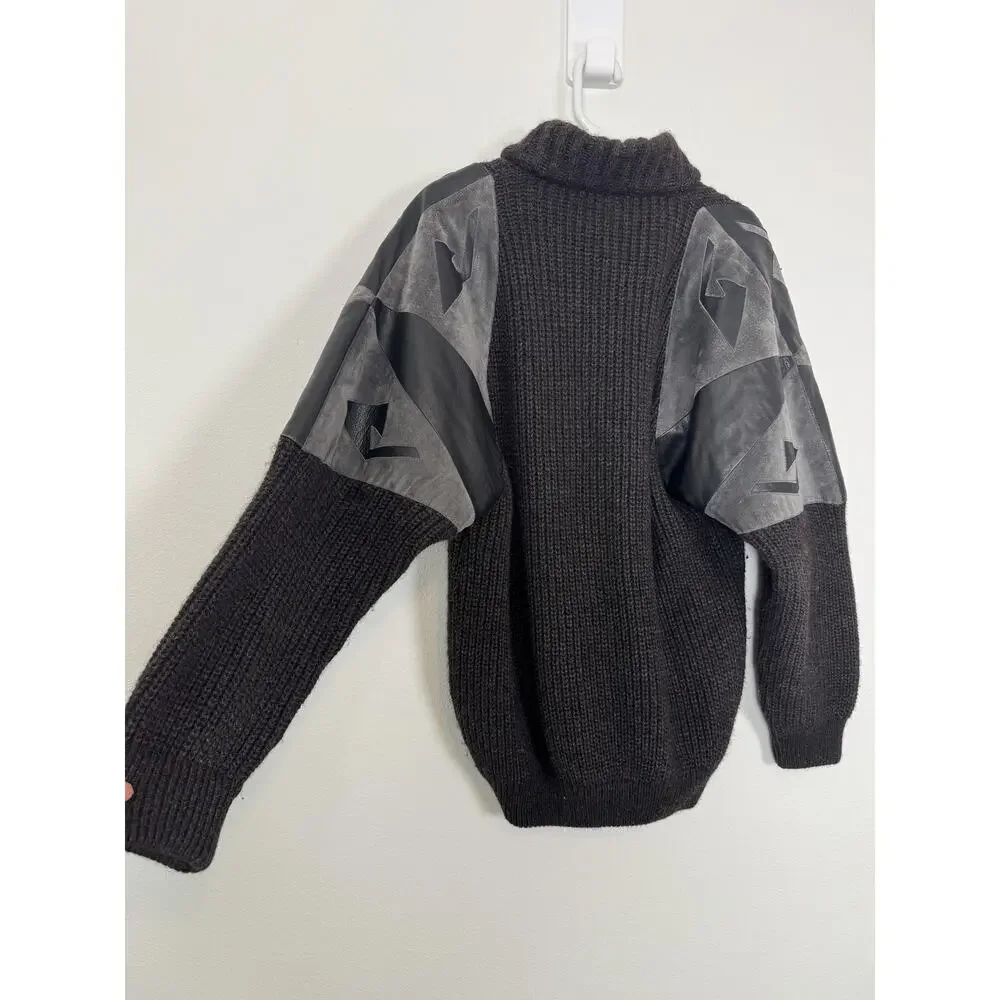 Alpaca Leather Patchwork Cardigan Sweater Mens M/L Brown Italy Made Bizzaro
